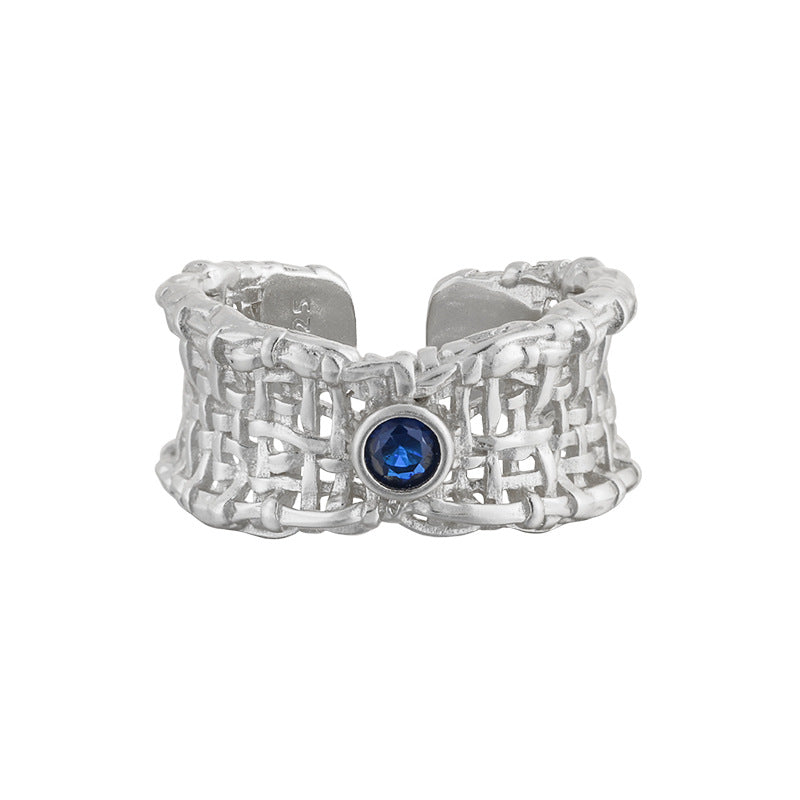 Office Hollow Weave Net Blue CZ 925 Sterling Silver Adjustable Ring