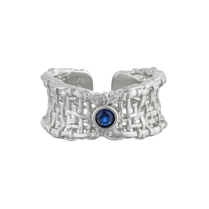 Office Hollow Weave Net Blue CZ 925 Sterling Silver Adjustable Ring