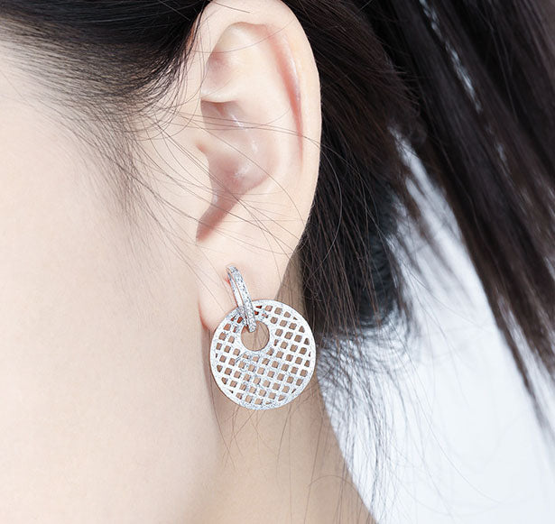 Casual Round Hollow Net 925 Sterling Silver Dangling Earrings