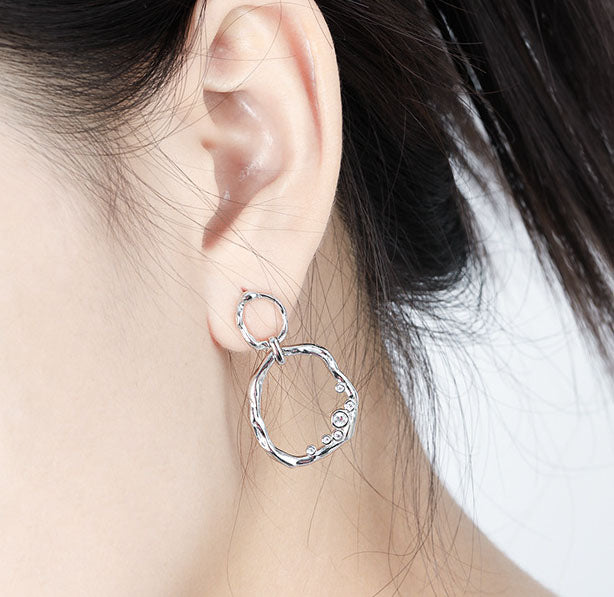 Office Geometry Round CZ Circles 925 Sterling Silver Dangling Earrings